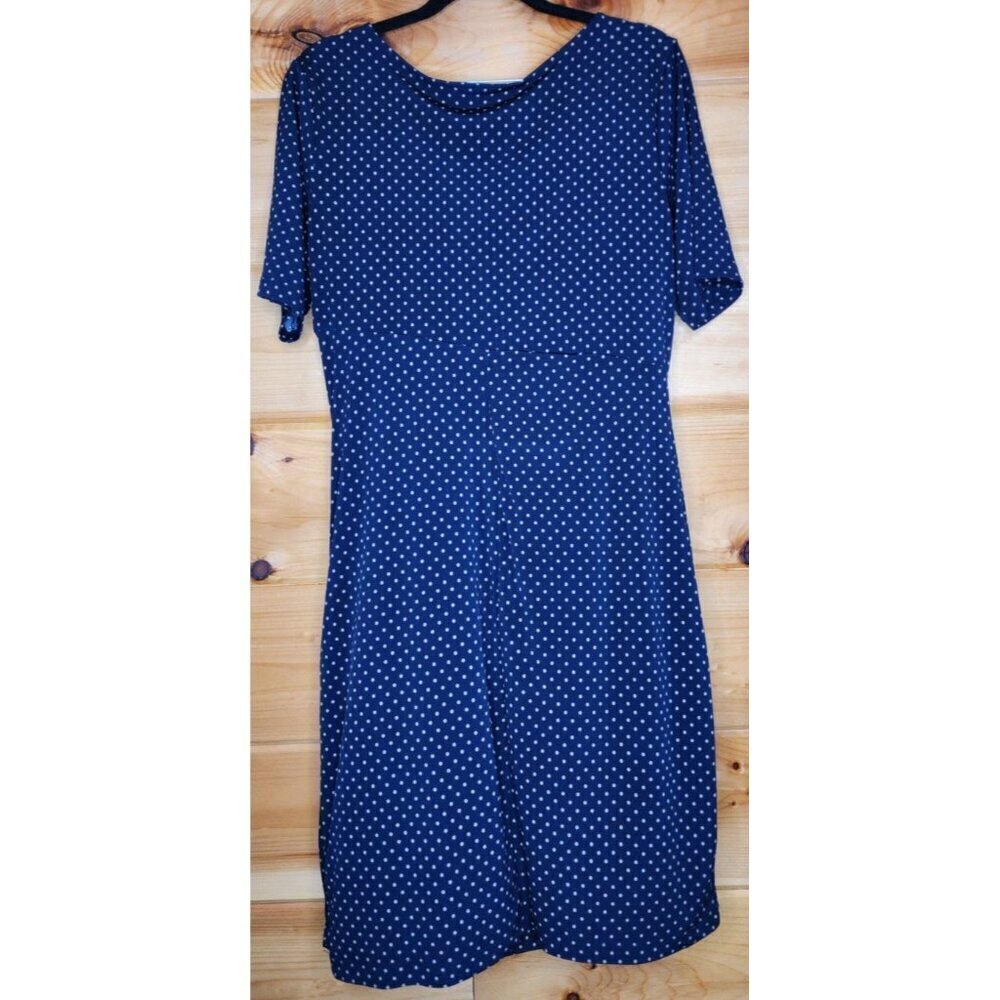 Enfocus Studio Navy Blue Gold Polka Dot Sleeveless Ruched Dress Size 14 Petite - Picture 3 of 10